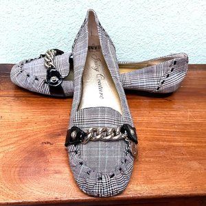 Women's Juicy Couture Black and White Loafers Flats  silver chain Size 9.5
